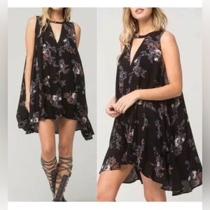 Free People Snap Out Of It Sleeveless Tree Swing Dress Tunic Black Floral Sz S